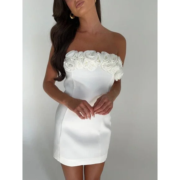 Meshki Brooks Rose Strapless Mini Dress White Size S | Floral Appliqué‎ Bridal - Picture 8 of 8